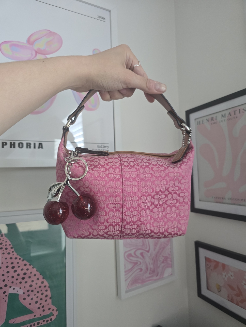 Rare Coach Y2k Pink Pochette Baguette Purse W/Cherry Charm